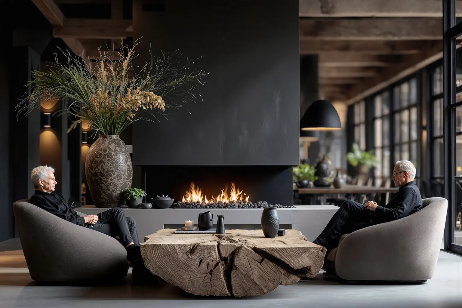 Betonvloer in een moderne woonkamer met gashaard