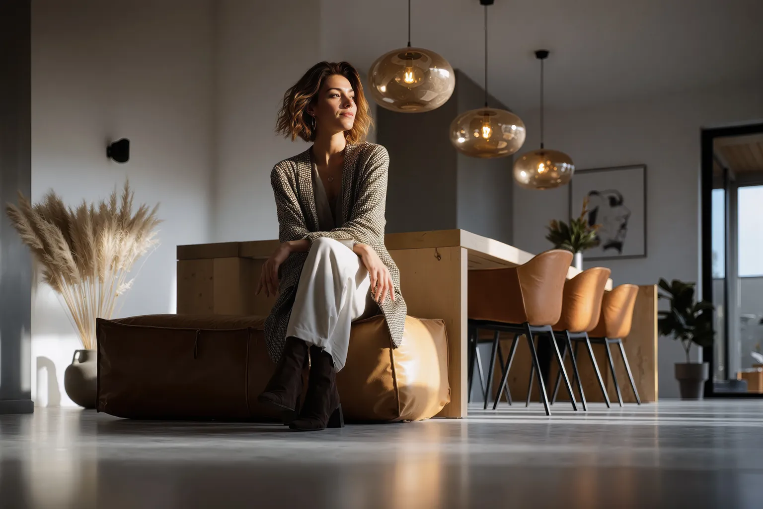 Woonbeton in een moderne keuken, een vrouw zit op een groot bruin kussen