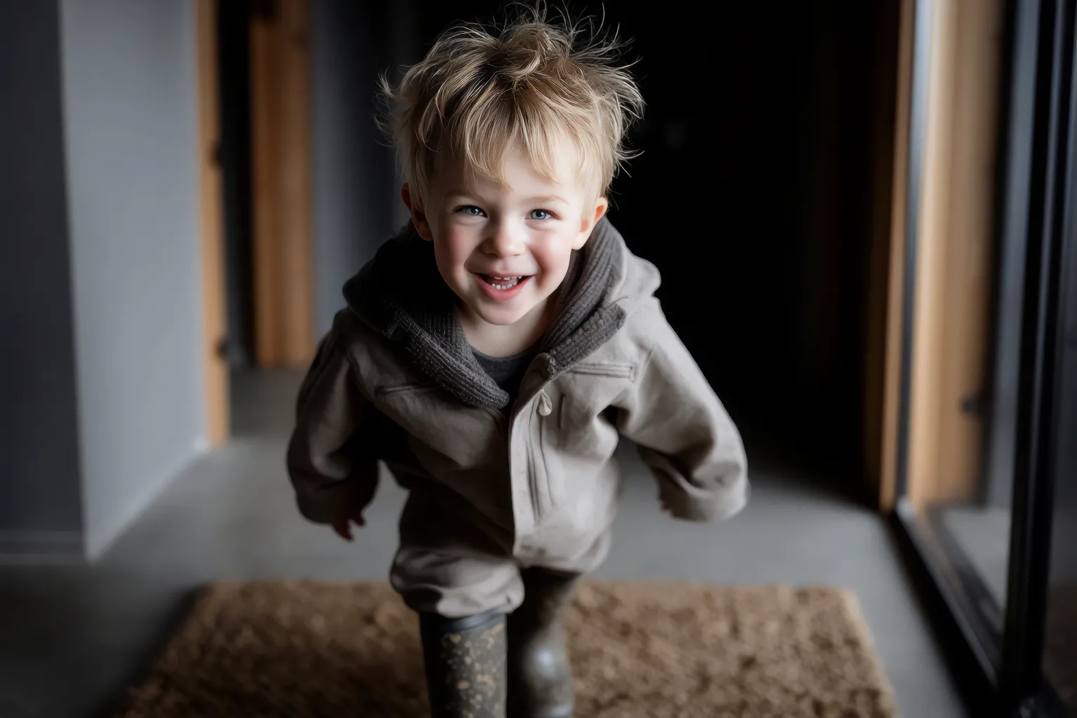 Lachend kind loopt met modderige rubberlaarzen over een gevlinderde betonvloer