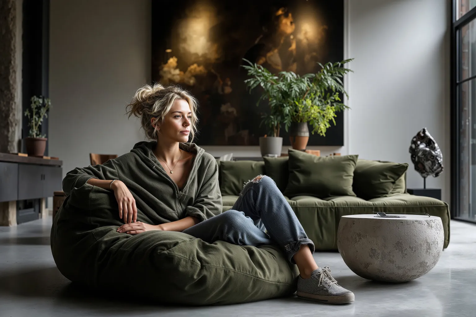 Vrouw zit op een groot kussen in een moderne woonkamer met betonvloer en groene planten