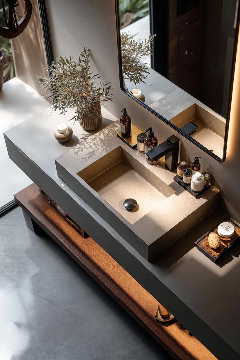 Gevlinderde betonvloer in moderne badkamer met minimalistische stijl, natuurlijke materialen en sfeervolle verlichting