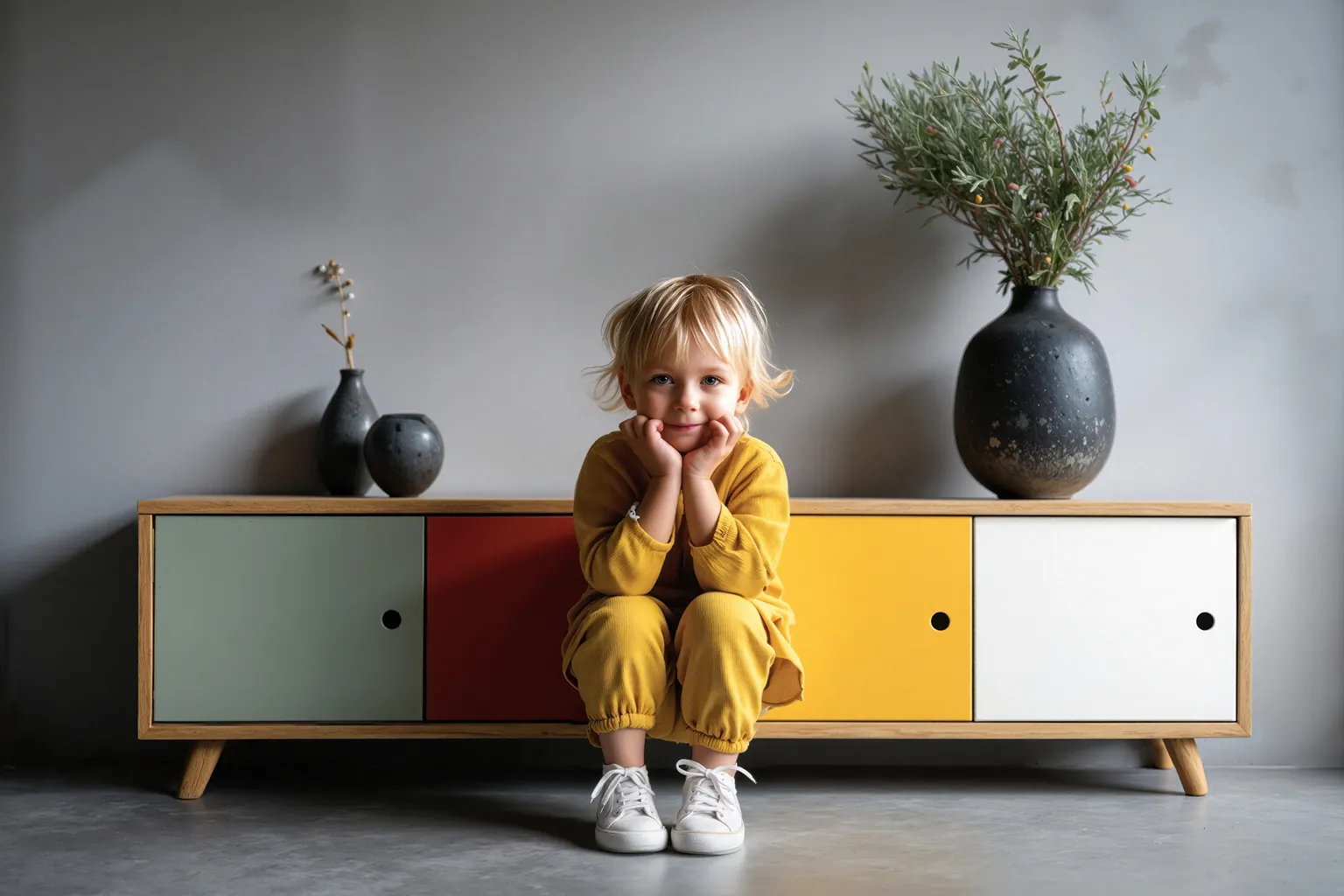 Kind in gele outfit zittend op een betonvloer voor kleurrijke kast met bloemen in vaas