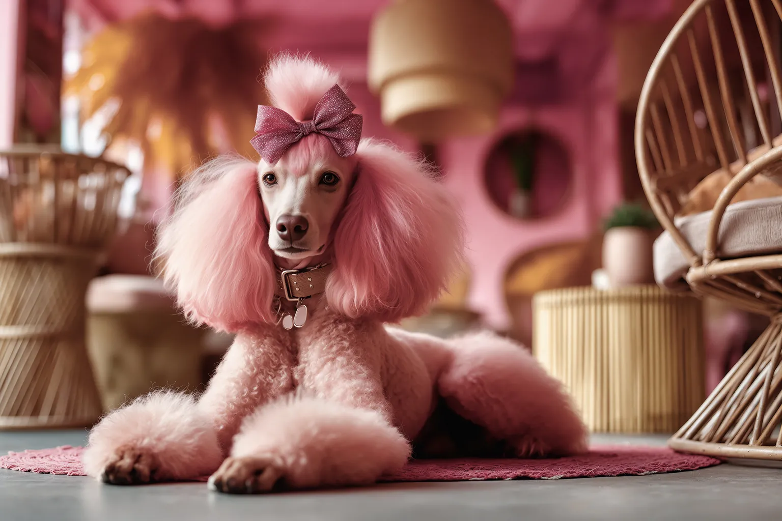 Een koningspoedel met roze haar en een grote strik, rustend op een gevlinderde betonvloer in een sfeervol interieur