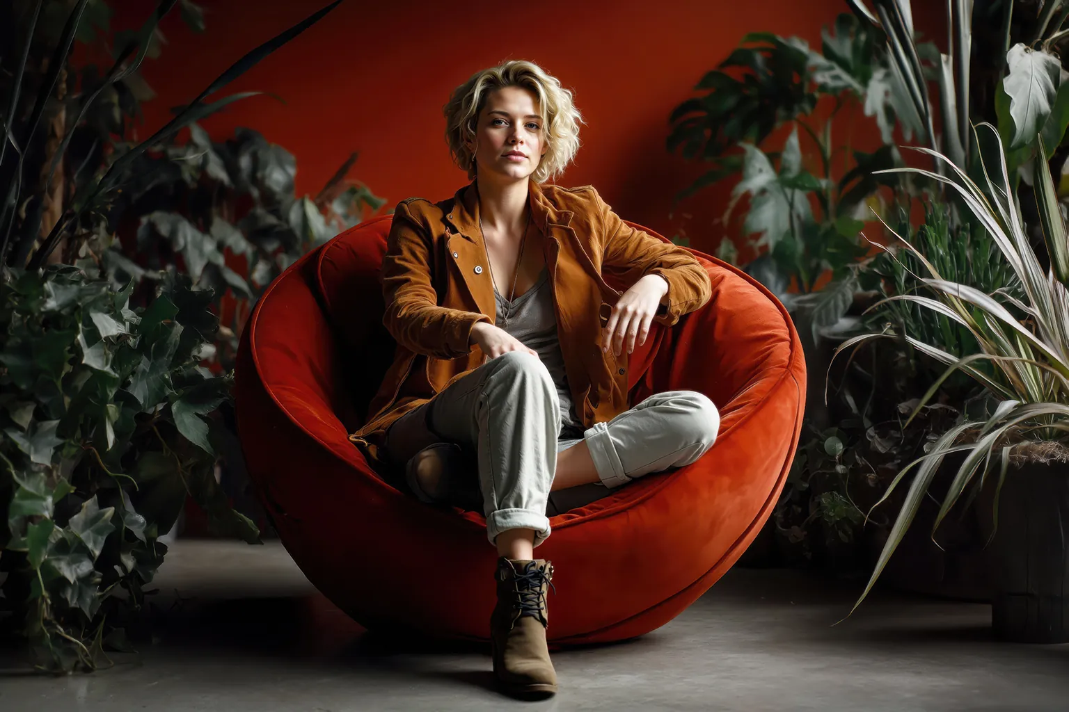 Gevlinderde betonvloer met een rode design fauteuil in een ruimte gevuld met planten