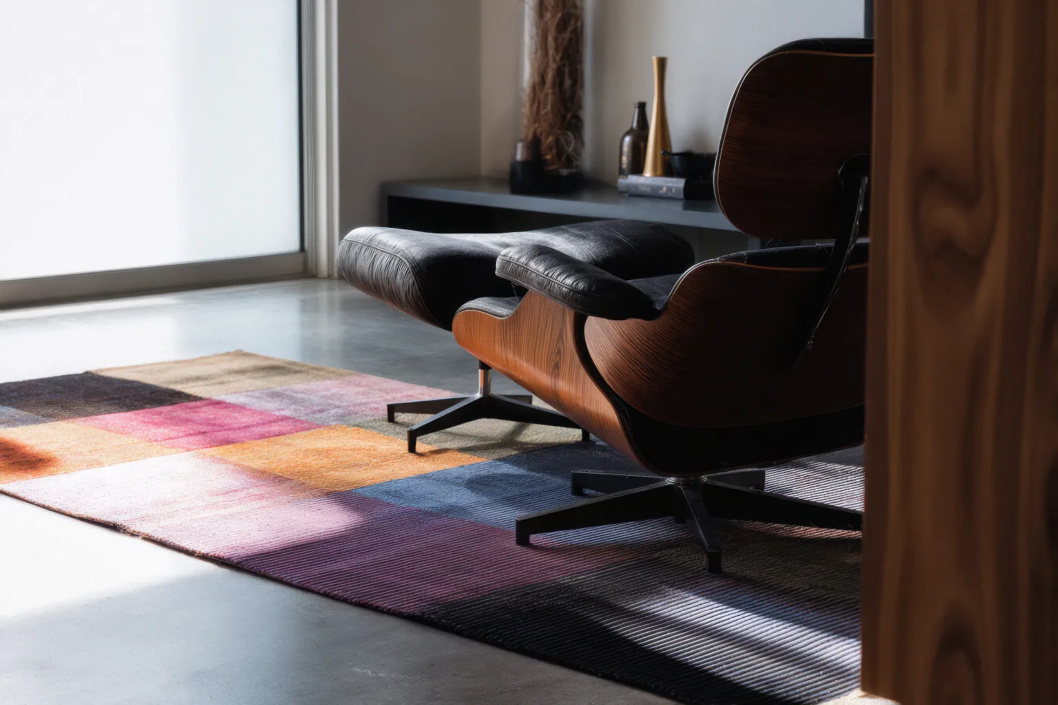 Eames lounge chair met gevlinderde betonvloer in moderne woonkamer